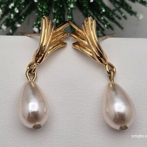 Vintage Richelieu Faux Pearl Drop Stud Earrings Gold Tone